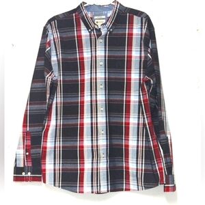 Haggar clothing fitted long scotch plaid red black and blue shirt S: XL